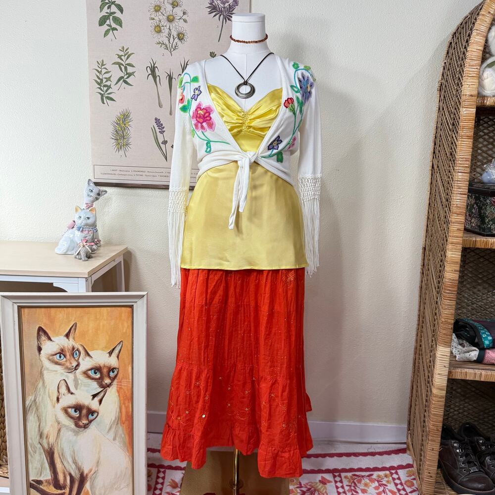 Vintage 90s Y2k Embroidered Floral Tiered Peasant Maxi Skirt Hippie Boho Fairy L